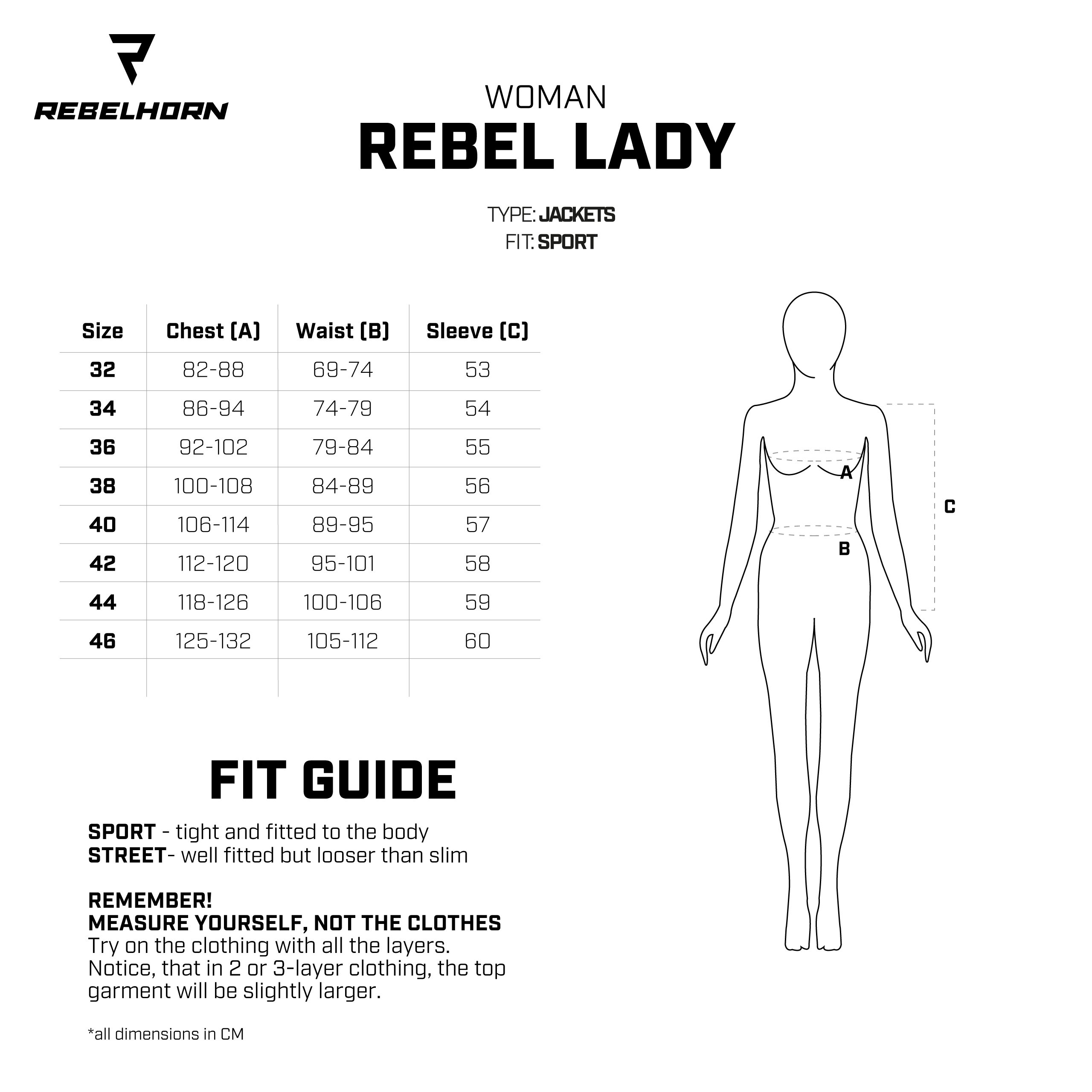 Tabla rozmiarów kurtki rebelhorn rebel lady